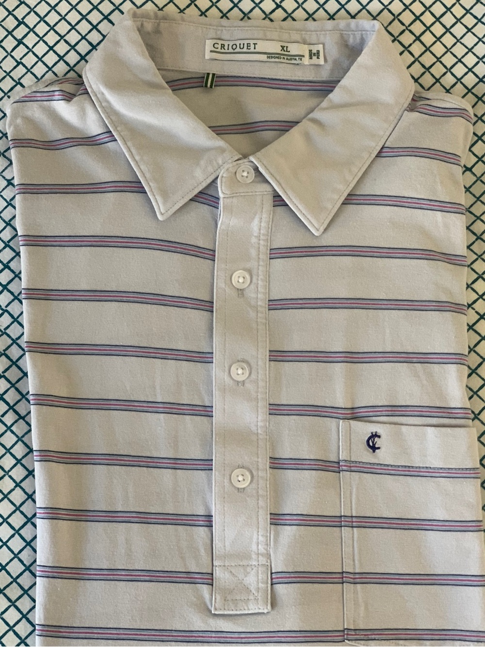 Criquet Performance Players Polo shirt EUC Size XL gray w/ navy & pink stripes